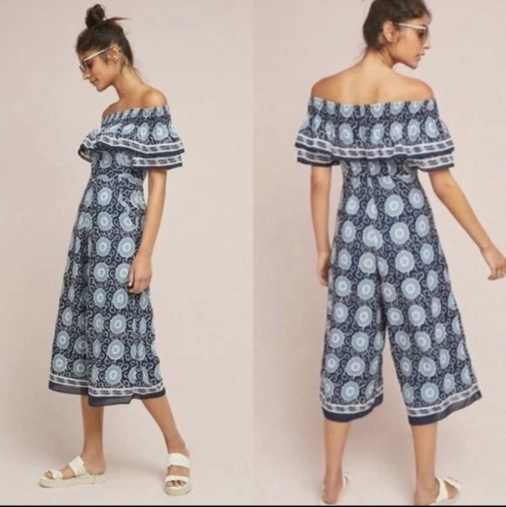 Off-Shoulder Blue Patterned Jumpsuit - image 1